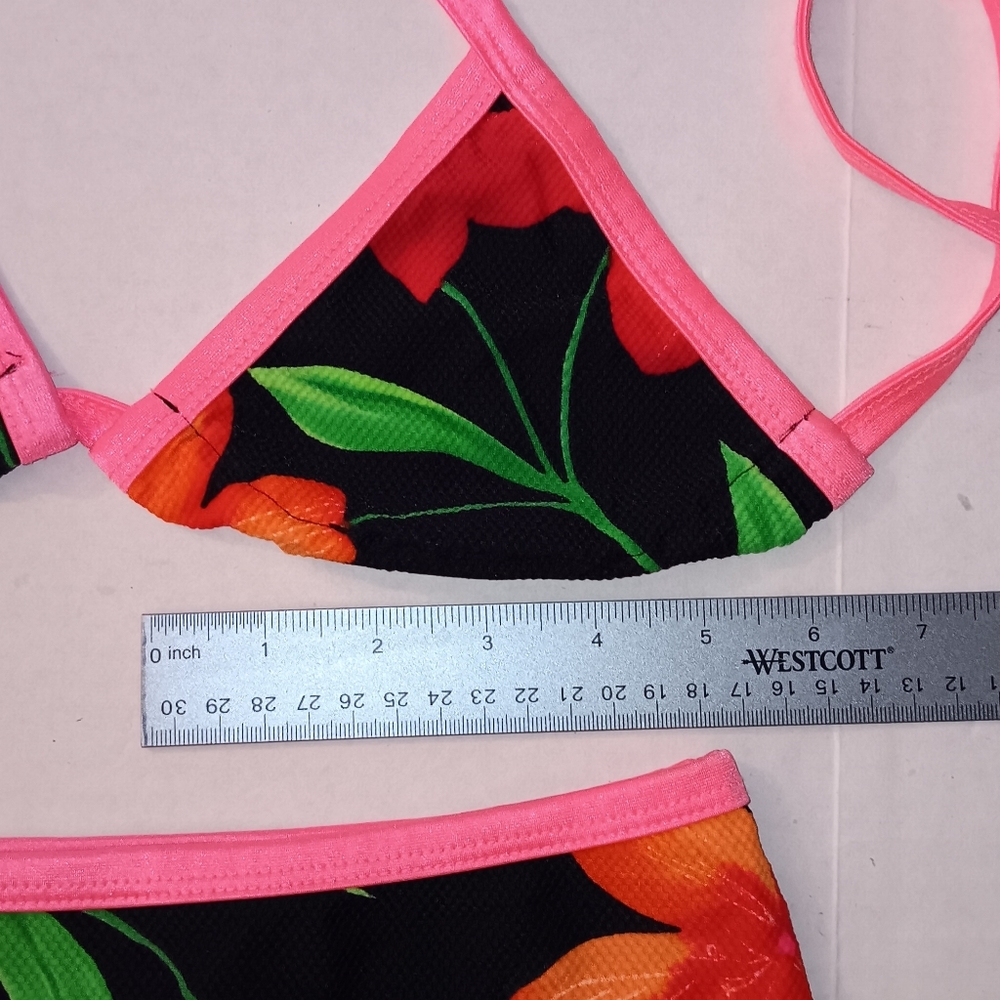 Minor Creations Floral Bikini Top And Micro Mini Skirt Black Pi K Green Red Neon - Picture 3 of 5